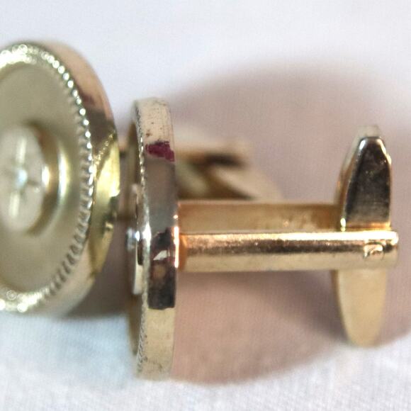 Vintage USA Cuff Links Gold Tone Atomic Burst Tiny Clear Rhinestone - Picture 2 of 6